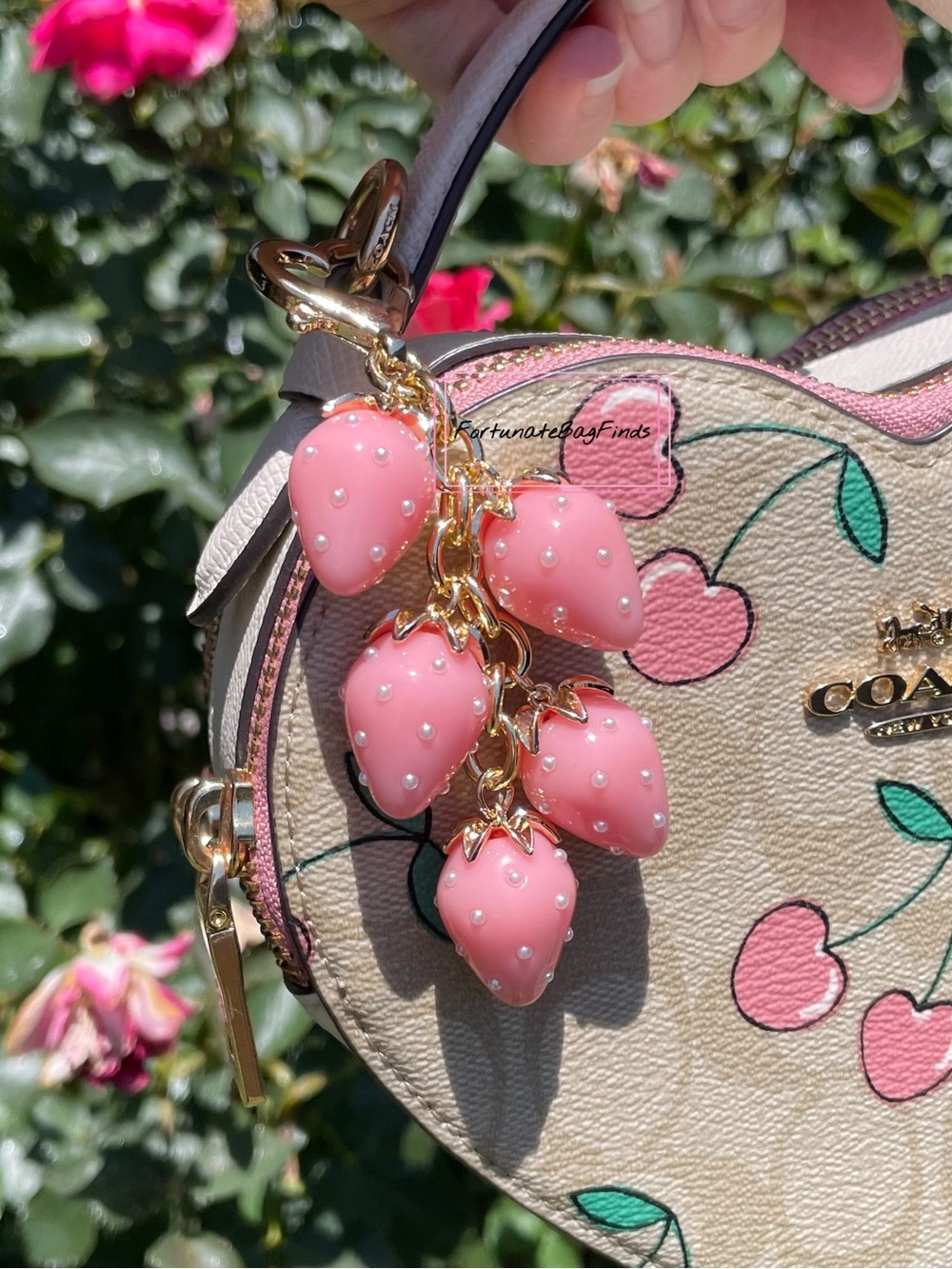 Pink Pearl Heart Strawberry Cluster Charm Coquette Cute Kawaii Bag Purse Charm